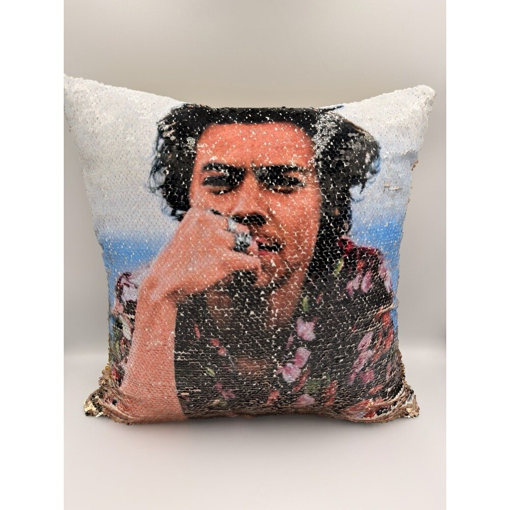 Harry Styles Flip Sequin Throw Pillow 14x14 Zippered Gold Accent Cushion